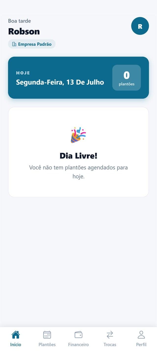 Tela Início do app RK Shift, com o resumo do dia