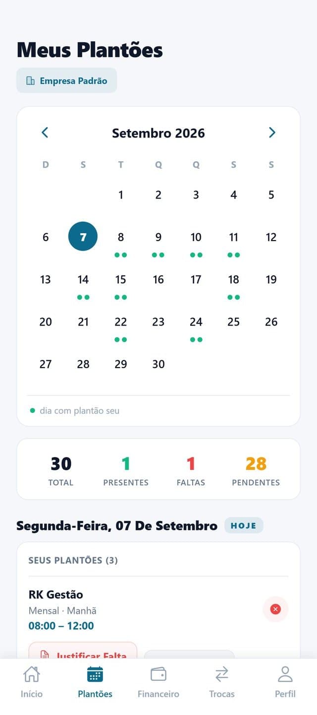 Tela Meus Plantões do app RK Shift, com o calendário do mês e o resumo de presenças, faltas e pendências