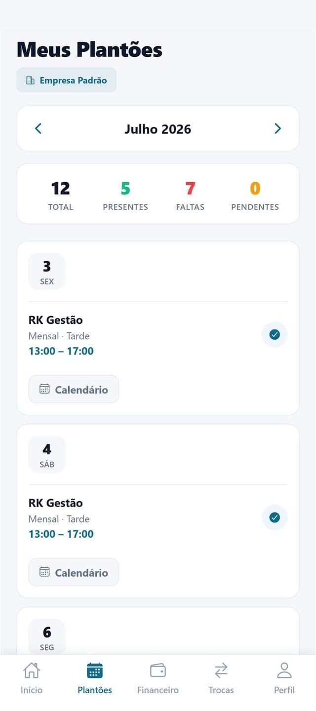 Tela Meus Plantões do app RK Shift, com a lista de plantões e o status de cada um